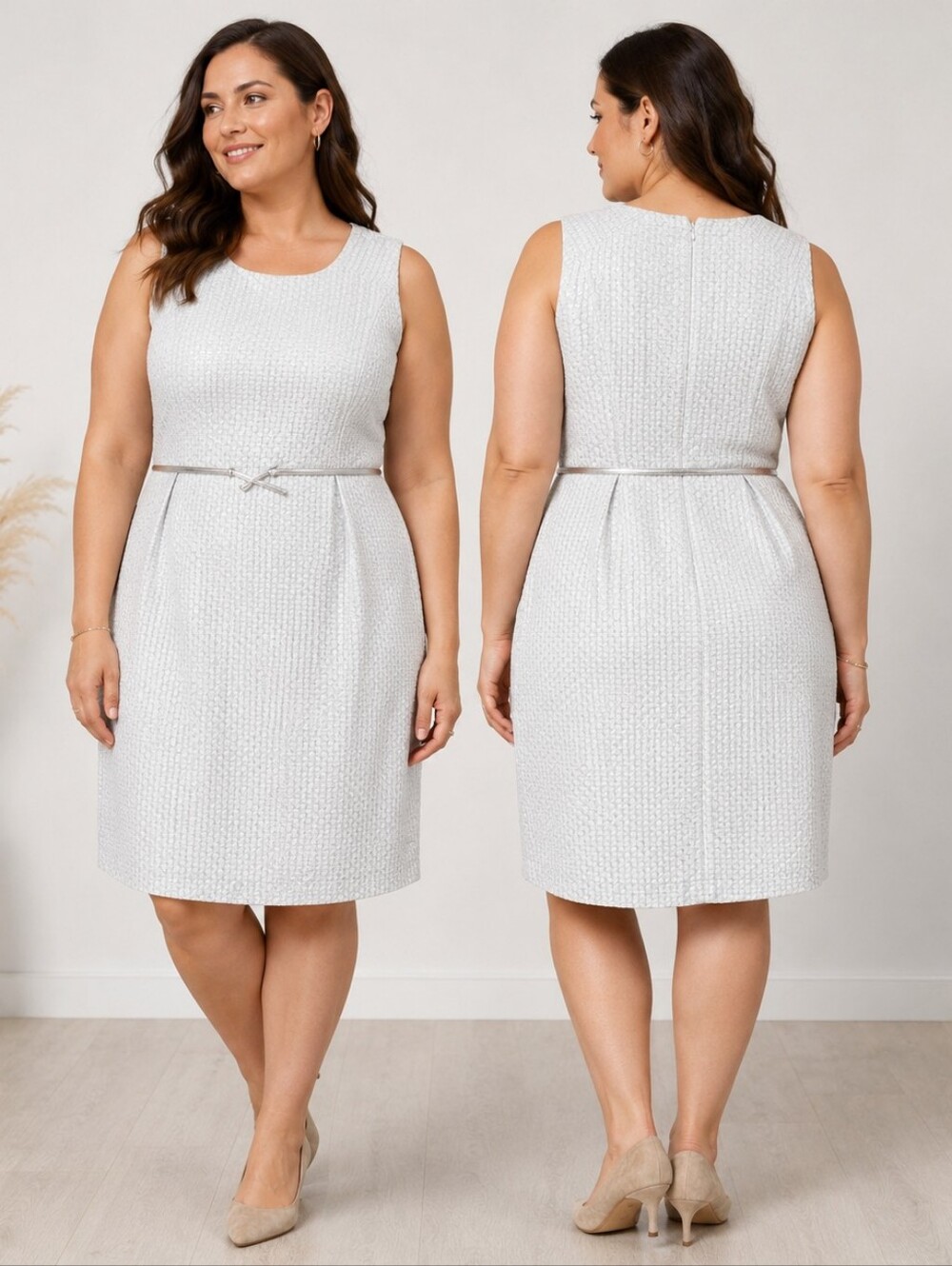 Eliza J Size 12 Silver Metallic Textured Belted Sleeveless Dress Cocktail Party